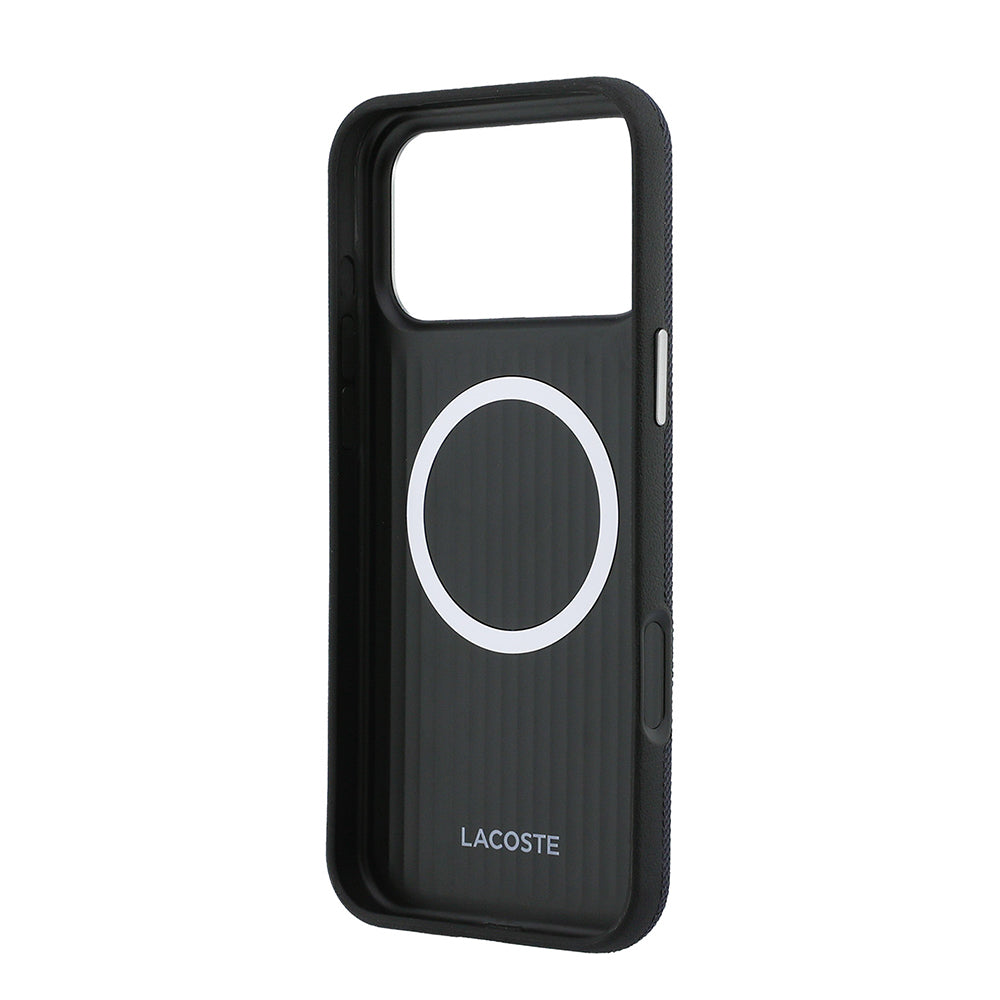 Apple iPhone 17 Pro Max Kılıf Lacoste Orjinal Lisanslı M-Safe Şarj Özellikli PVC Yarı Pike Desenli Arka Yüzey İkonik Timsah Dokuma Logolu Kapak Lacivert