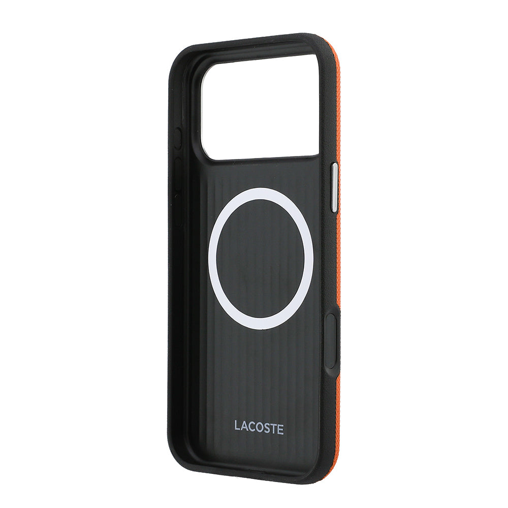 Apple iPhone 17 Pro Max Kılıf Lacoste Orjinal Lisanslı M-Safe Şarj Özellikli PVC Yarı Pike Desenli Arka Yüzey İkonik Timsah Dokuma Logolu Kapak Turuncu