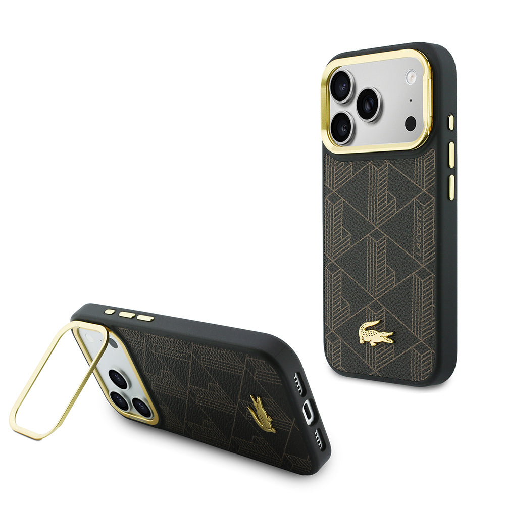 Apple iPhone 17 Pro Max Kılıf Lacoste Orjinal Lisanslı M-safe Şarj Özellikli Standlı PU Deri Karışık Monogram Desenli Kapak Kahverengi