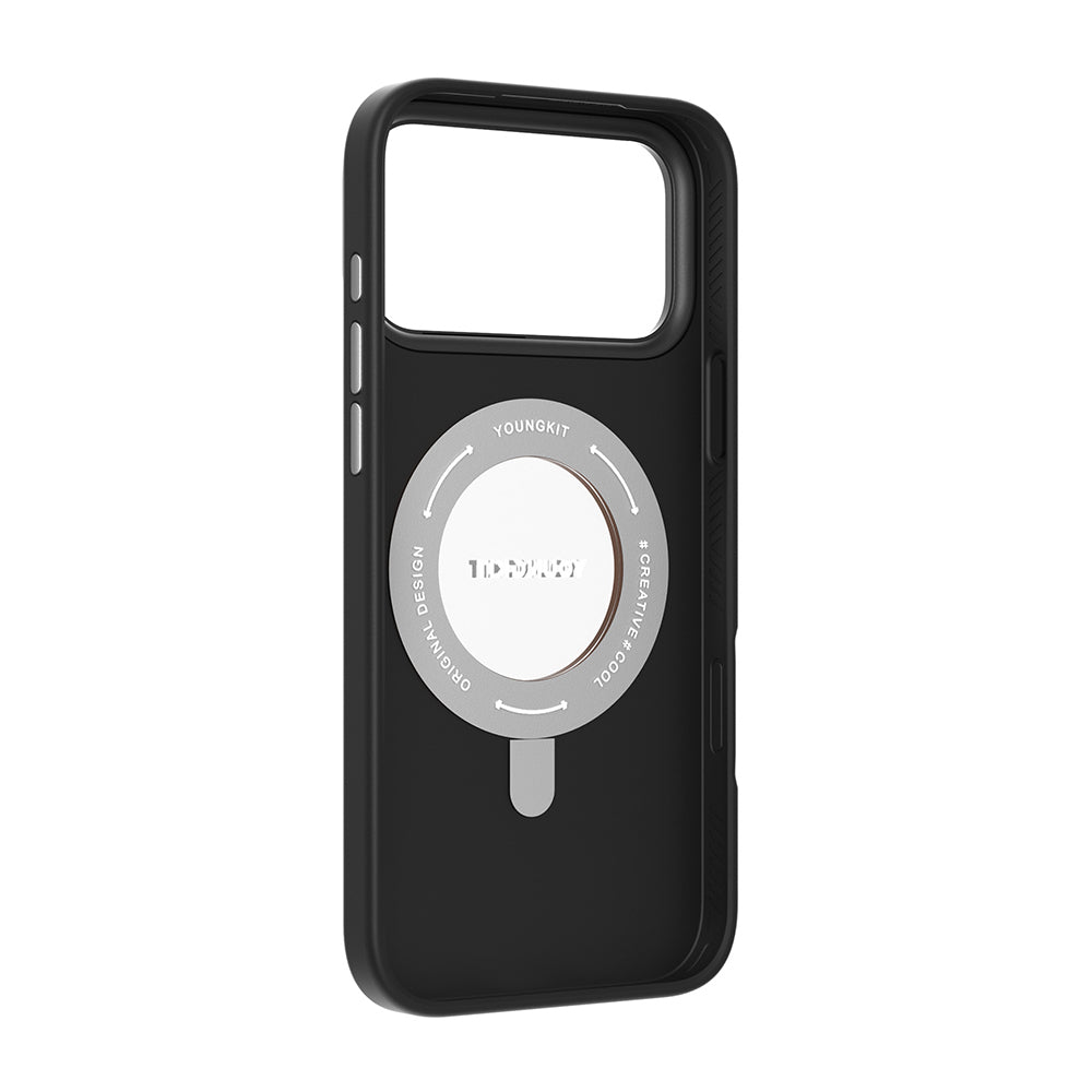 Apple iPhone 17 Pro Max Kılıf M-safe Şarj Özellikli 360 Derece Standlı Basit Mat Deri Desenli Youngkit Tech Leather Serisi Kapak Kahverengi