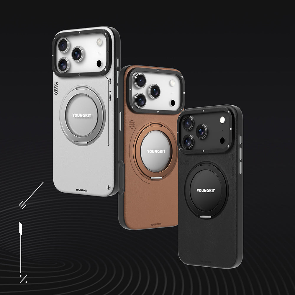 Apple iPhone 17 Pro Max Kılıf M-safe Şarj Özellikli 360 Derece Standlı Basit Mat Deri Desenli Youngkit Tech Leather Serisi Kapak Gri