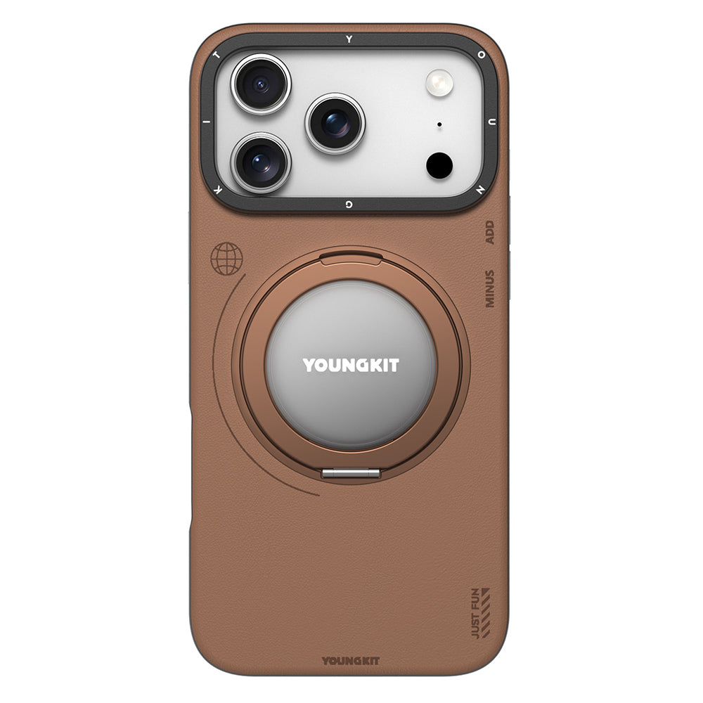 Apple iPhone 17 Pro Max Kılıf M-safe Şarj Özellikli 360 Derece Standlı Basit Mat Deri Desenli Youngkit Tech Leather Serisi Kapak Gri