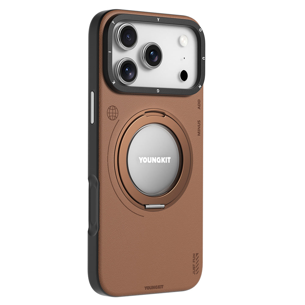 Apple iPhone 17 Pro Max Kılıf M-safe Şarj Özellikli 360 Derece Standlı Basit Mat Deri Desenli Youngkit Tech Leather Serisi Kapak Gri
