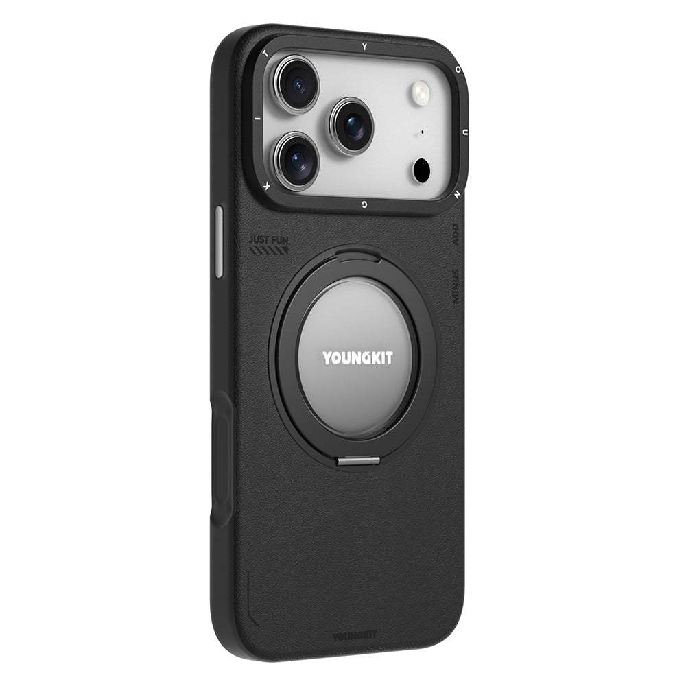 Apple iPhone 17 Pro Max Kılıf M-safe Şarj Özellikli 360 Derece Standlı Basit Mat Deri Desenli Youngkit Tech Leather Serisi Kapak Kahverengi