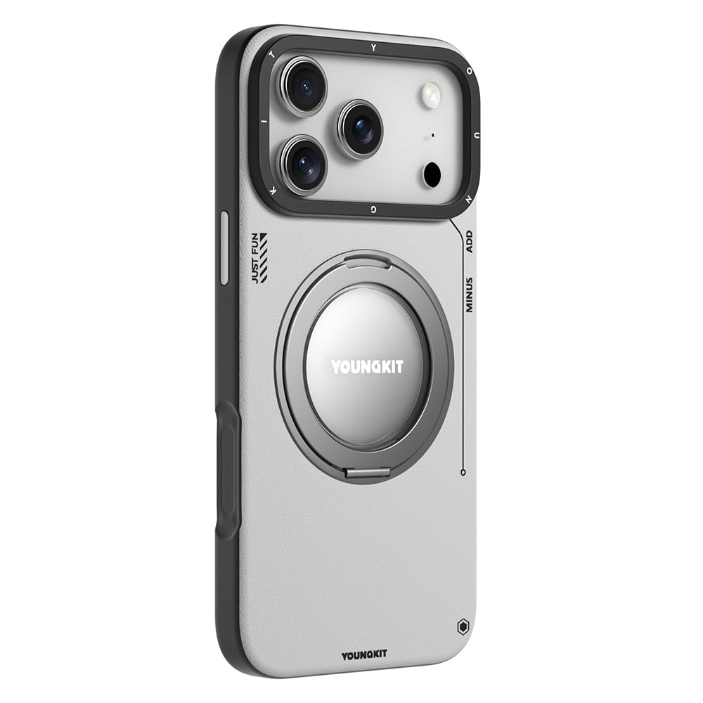 Apple iPhone 17 Pro Max Kılıf M-safe Şarj Özellikli 360 Derece Standlı Basit Mat Deri Desenli Youngkit Tech Leather Serisi Kapak Gri
