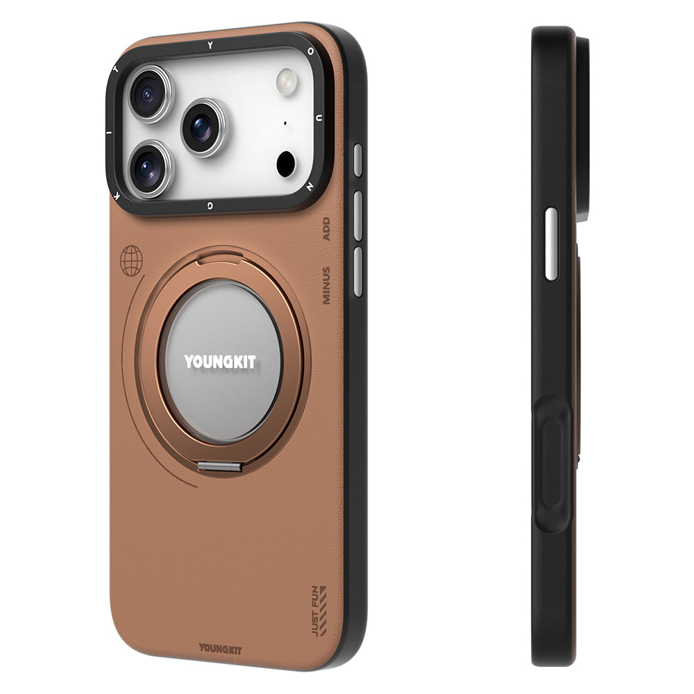 Apple iPhone 17 Pro Max Kılıf M-safe Şarj Özellikli 360 Derece Standlı Basit Mat Deri Desenli Youngkit Tech Leather Serisi Kapak Gri
