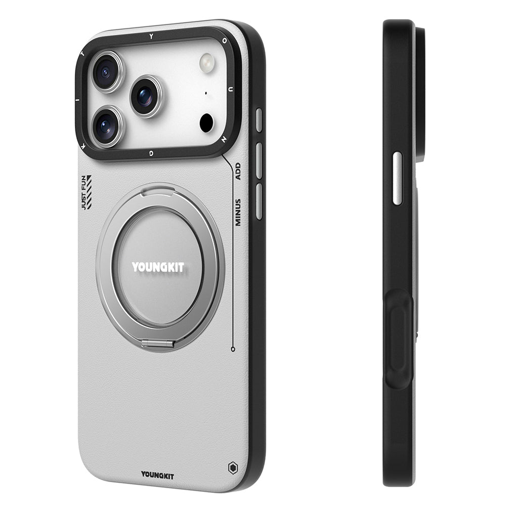 Apple iPhone 17 Pro Max Kılıf M-safe Şarj Özellikli 360 Derece Standlı Basit Mat Deri Desenli Youngkit Tech Leather Serisi Kapak Gri