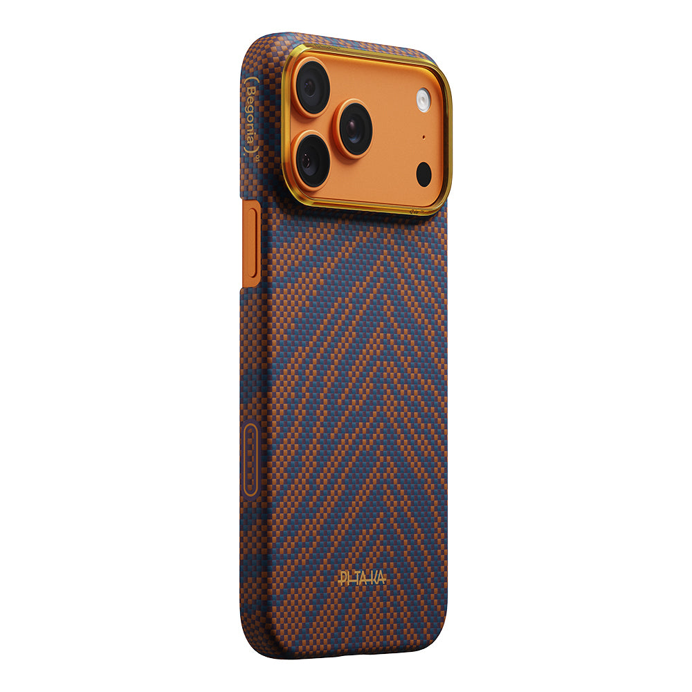Apple iPhone 17 Pro Max Kılıf M-safe Şarj Özellikli Aramid Fiber Pitaka Breath of Veins Serisi Kapak Turuncu-Lacivert