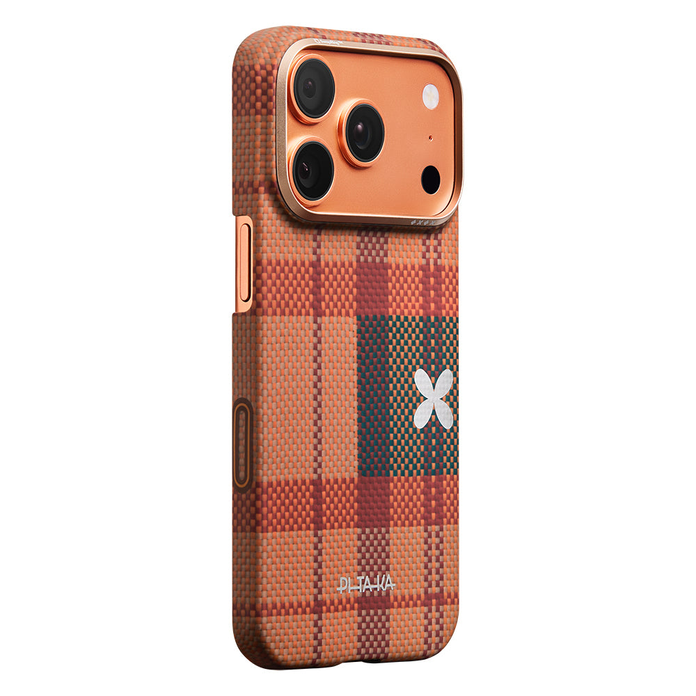 Apple iPhone 17 Pro Max Kılıf M-safe Şarj Özellikli Aramid Karbon Fiber Pitaka Flora in Grid Serisi Kapak Kahverengi