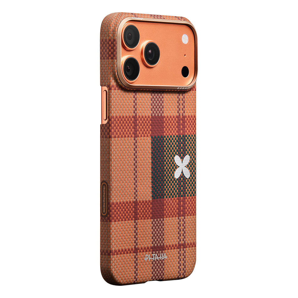 Apple iPhone 17 Pro Max Kılıf M-safe Şarj Özellikli Aramid Karbon Fiber Pitaka Flora in Grid Serisi Kapak Kahverengi