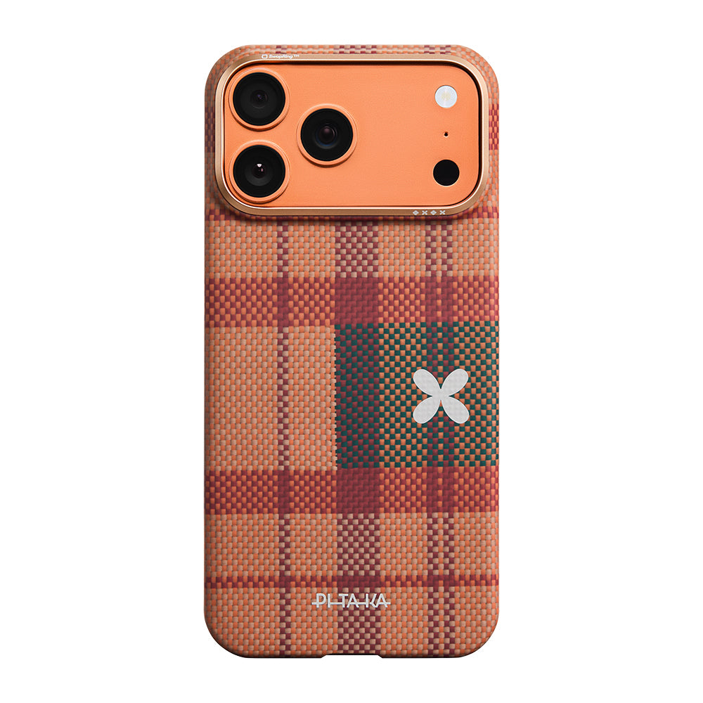 Apple iPhone 17 Pro Max Kılıf M-safe Şarj Özellikli Aramid Karbon Fiber Pitaka Flora in Grid Serisi Kapak Kahverengi