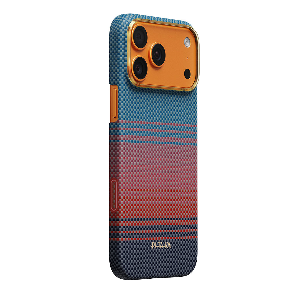 Apple iPhone 17 Pro Max Kılıf M-safe Şarj Özellikli Aramid Fiber Pitaka Sunset 2.0 California Dream Serisi Kapak Mavi-Kırmızı