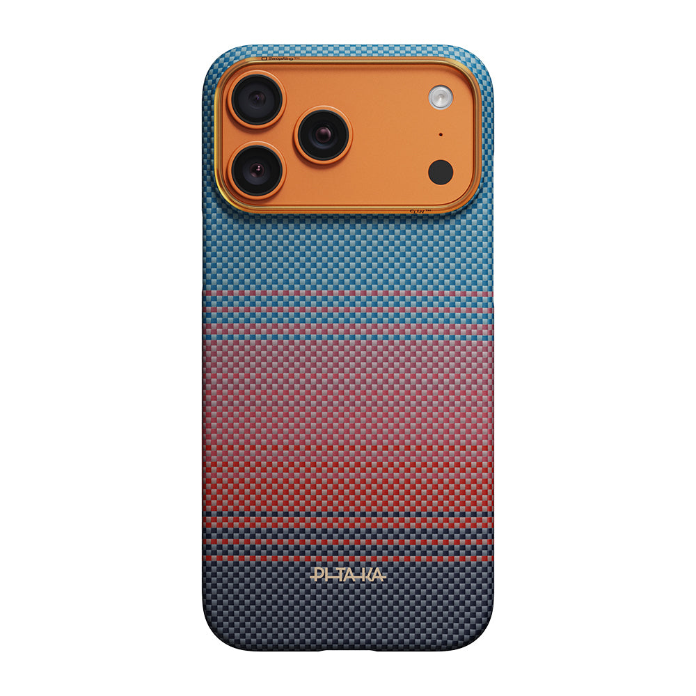 Apple iPhone 17 Pro Max Kılıf M-safe Şarj Özellikli Aramid Fiber Pitaka Sunset 2.0 California Dream Serisi Kapak Mavi-Kırmızı