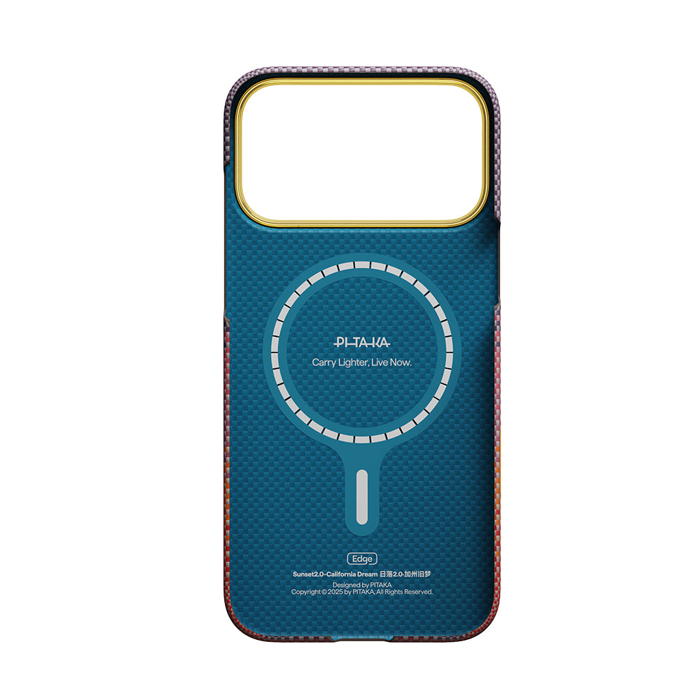 Apple iPhone 17 Pro Max Kılıf M-safe Şarj Özellikli Aramid Karbon Fiber Pitaka Sunset 2.0 California Dream Serisi Kapak Turuncu-Kırmızı