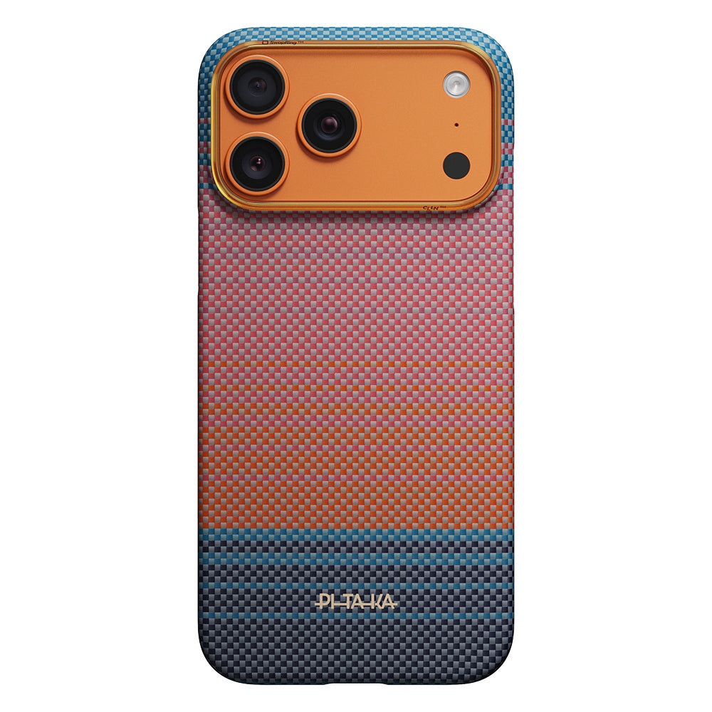 Apple iPhone 17 Pro Max Kılıf M-safe Şarj Özellikli Aramid Karbon Fiber Pitaka Sunset 2.0 California Dream Serisi Kapak Turuncu-Mavi