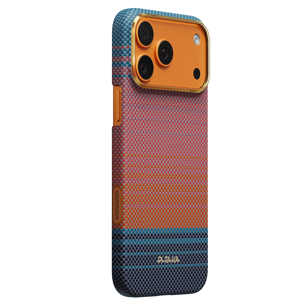 Apple iPhone 17 Pro Max Kılıf M-safe Şarj Özellikli Aramid Karbon Fiber Pitaka Sunset 2.0 California Dream Serisi Kapak Turuncu-Mavi