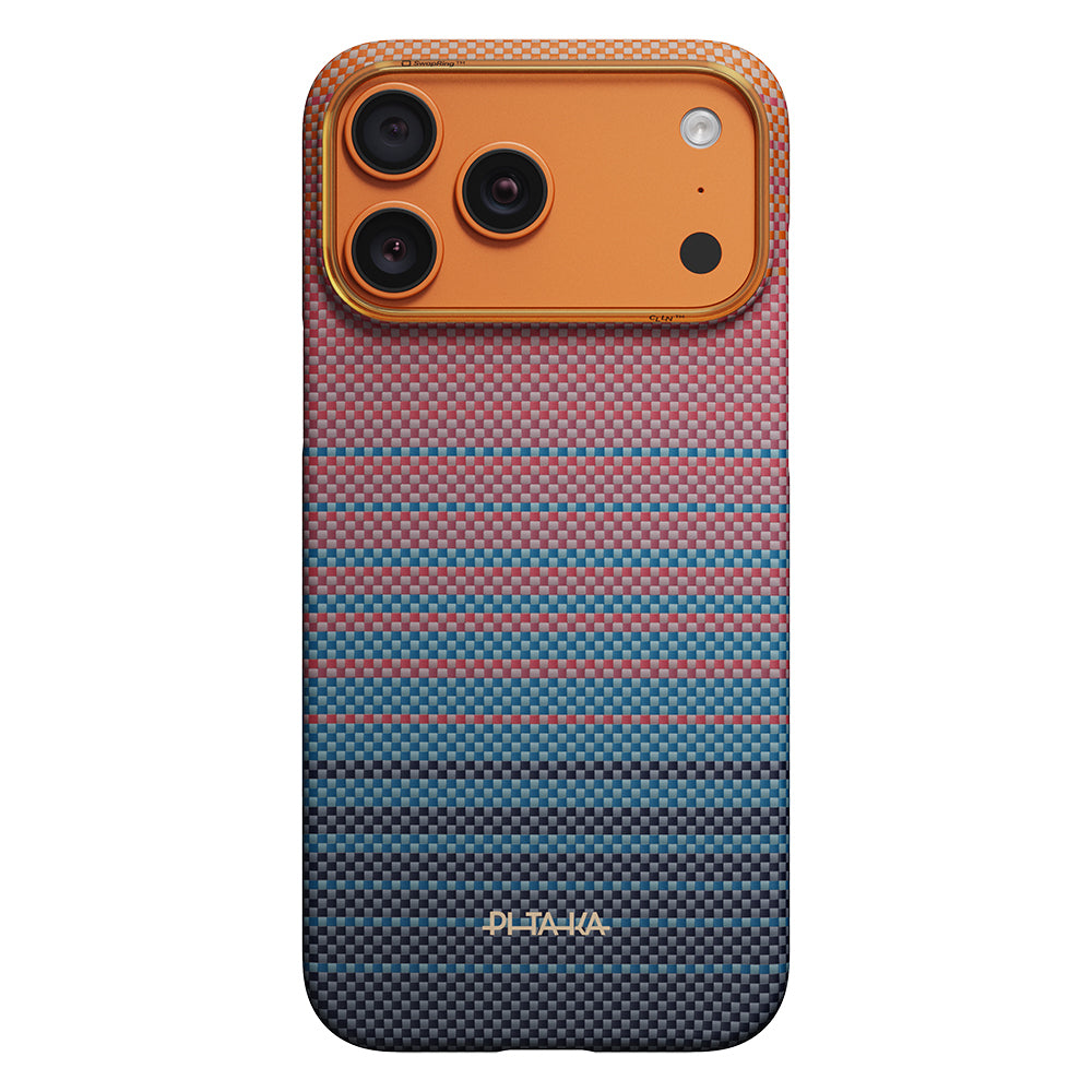 Apple iPhone 17 Pro Max Kılıf M-safe Şarj Özellikli Aramid Karbon Fiber Pitaka Sunset 2.0 California Dream Serisi Kapak Mavi-Lacivert