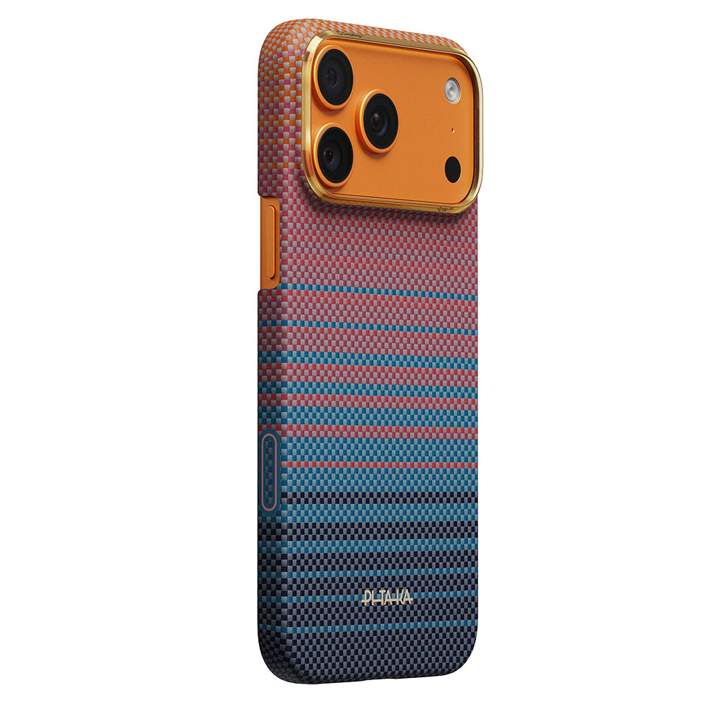 Apple iPhone 17 Pro Max Kılıf M-safe Şarj Özellikli Aramid Karbon Fiber Pitaka Sunset 2.0 California Dream Serisi Kapak Mavi-Lacivert