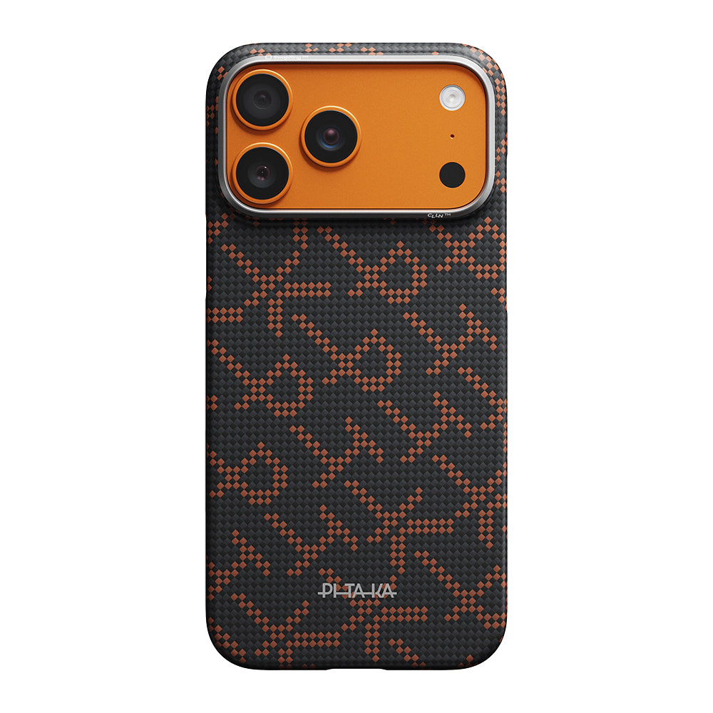 Apple iPhone 17 Pro Kılıf M-safe Şarj Özellikli Aramid Fiber Pitaka Tactile Woven Monogram Serisi Kapak Turuncu-Siyah