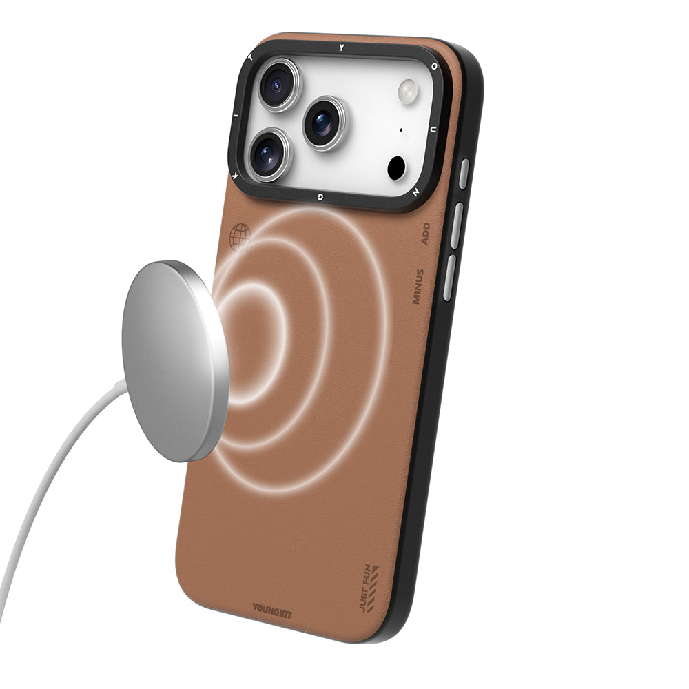 Apple iPhone 17 Pro Max Kılıf M-safe Şarj Özellikli Basit Mat Deri Desenli Youngkit Tech Fashion Serisi Kapak Kahverengi