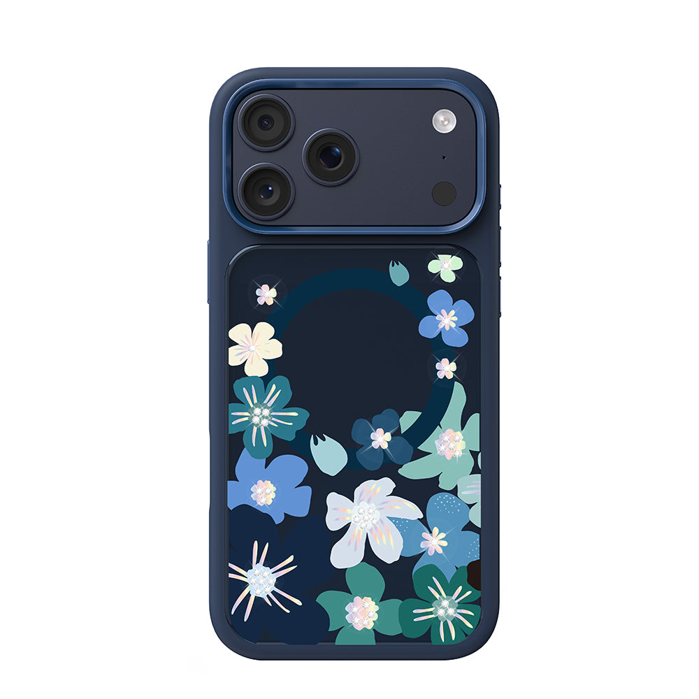 Apple iPhone 17 Pro Max Kılıf M-safe Şarj Özellikli Çiçek Tasarımlı Mutural Flower Serisi Kapak Lacivert