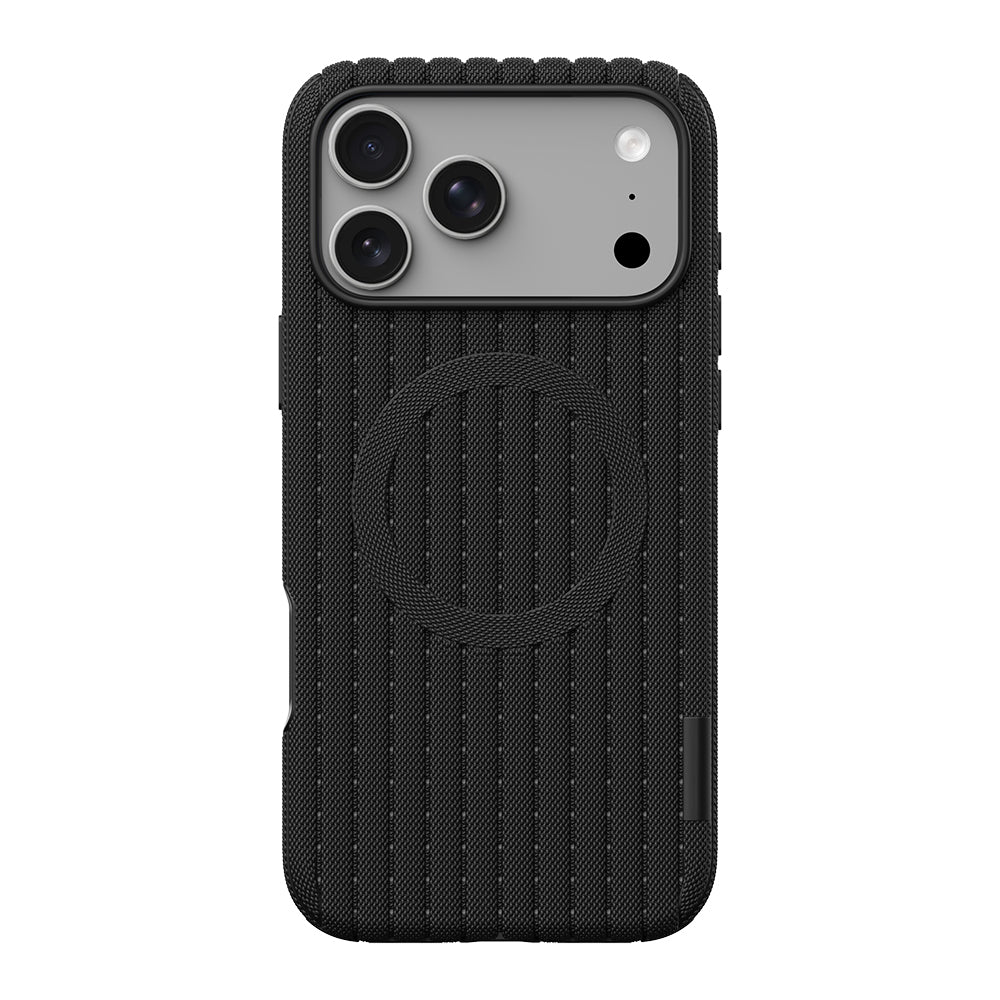 Apple iPhone 17 Pro Max Kılıf M-Safe Şarj Özellikli Çizgi Desenli Kumaş Dokulu Zore Paris Lorin Kapak Siyah