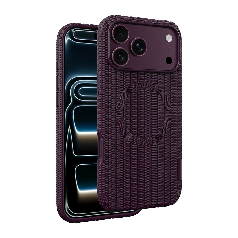 Apple iPhone 17 Pro Max Kılıf M-Safe Şarj Özellikli Çizgi Desenli Kumaş Dokulu Zore Paris Lorin Kapak Bordo