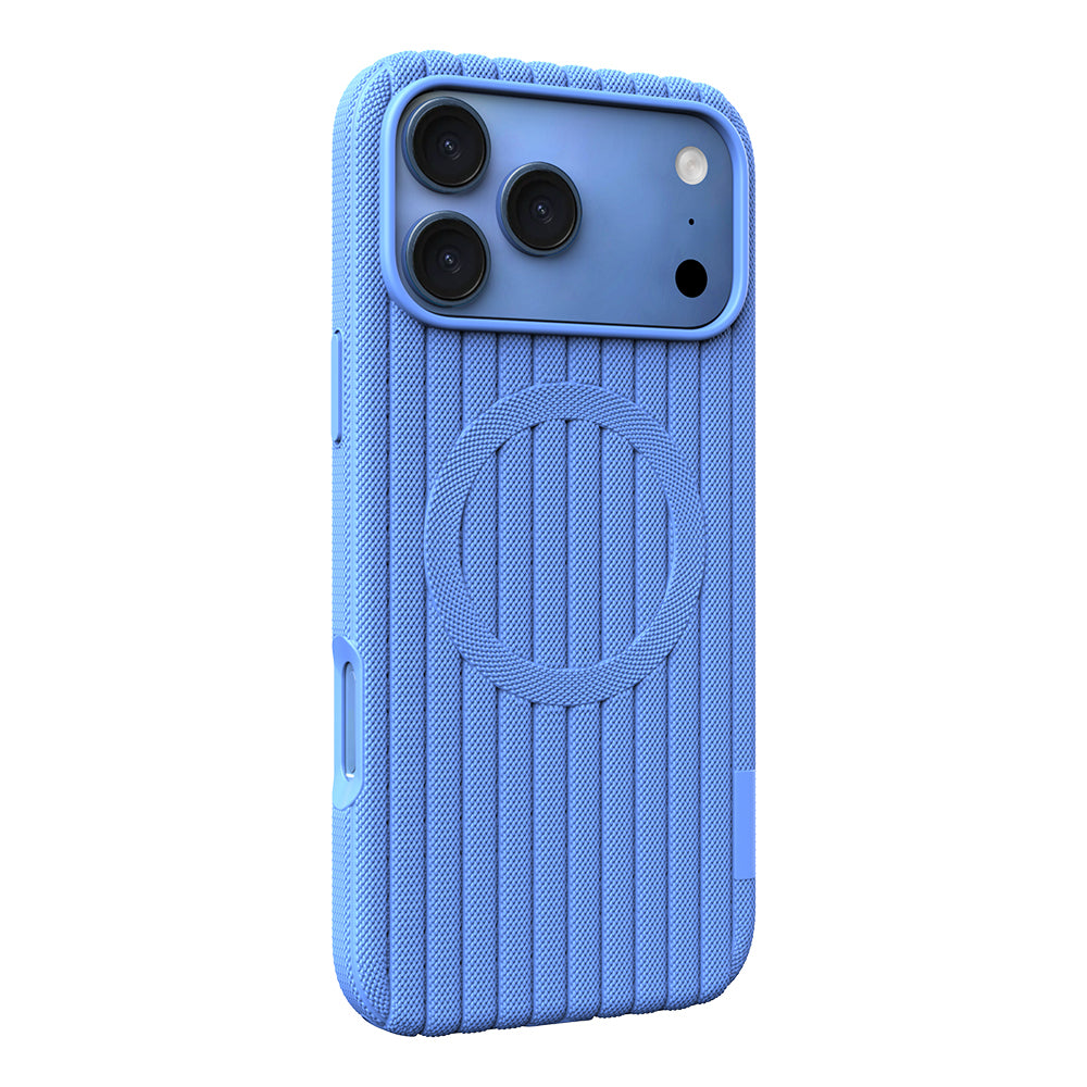 Apple iPhone 17 Pro Max Kılıf M-Safe Şarj Özellikli Çizgi Desenli Kumaş Dokulu Zore Paris Lorin Kapak Açık Mavi