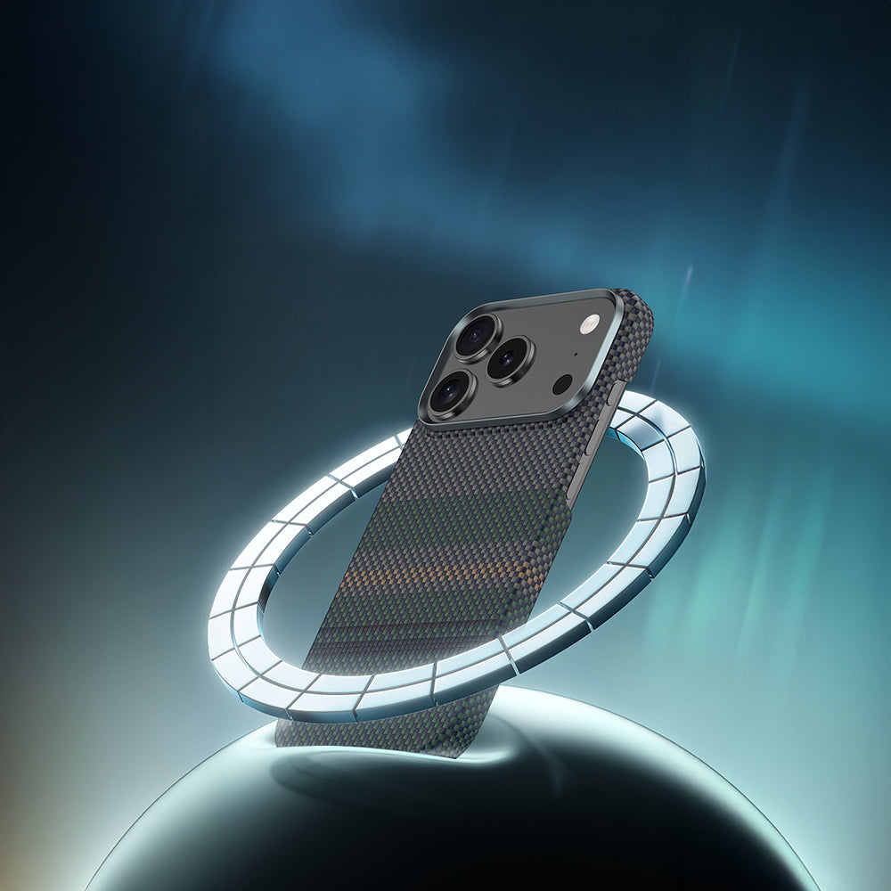 Apple iPhone 17 Pro Max Kılıf M-safe Şarj Özellikli Karbon Fiber Tasarımlı Benks Aurora ArmorPro Kevlar Kapak Yeşil