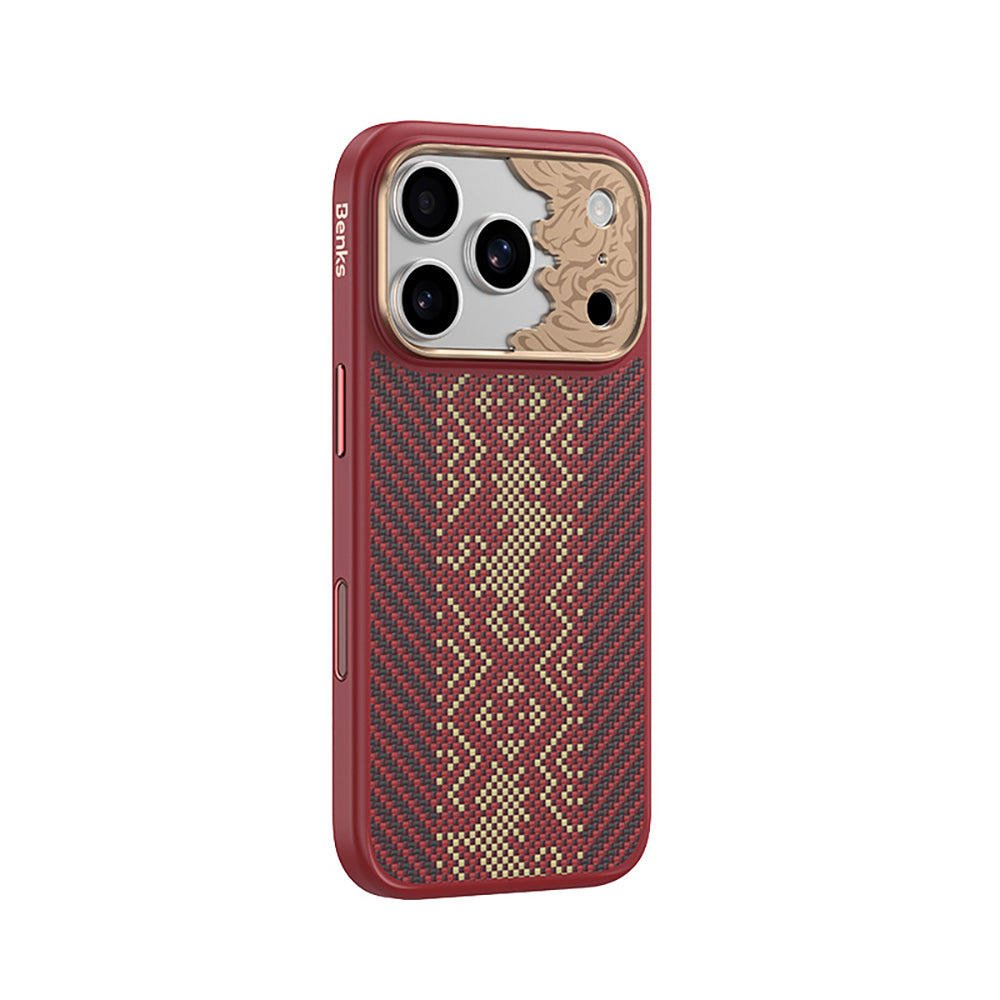 Apple iPhone 17 Pro Max Kılıf M-safe Şarj Özellikli Karbon Fiber Tasarımlı Benks Knight ArmorPro Kevlar Kapak Kırmızı