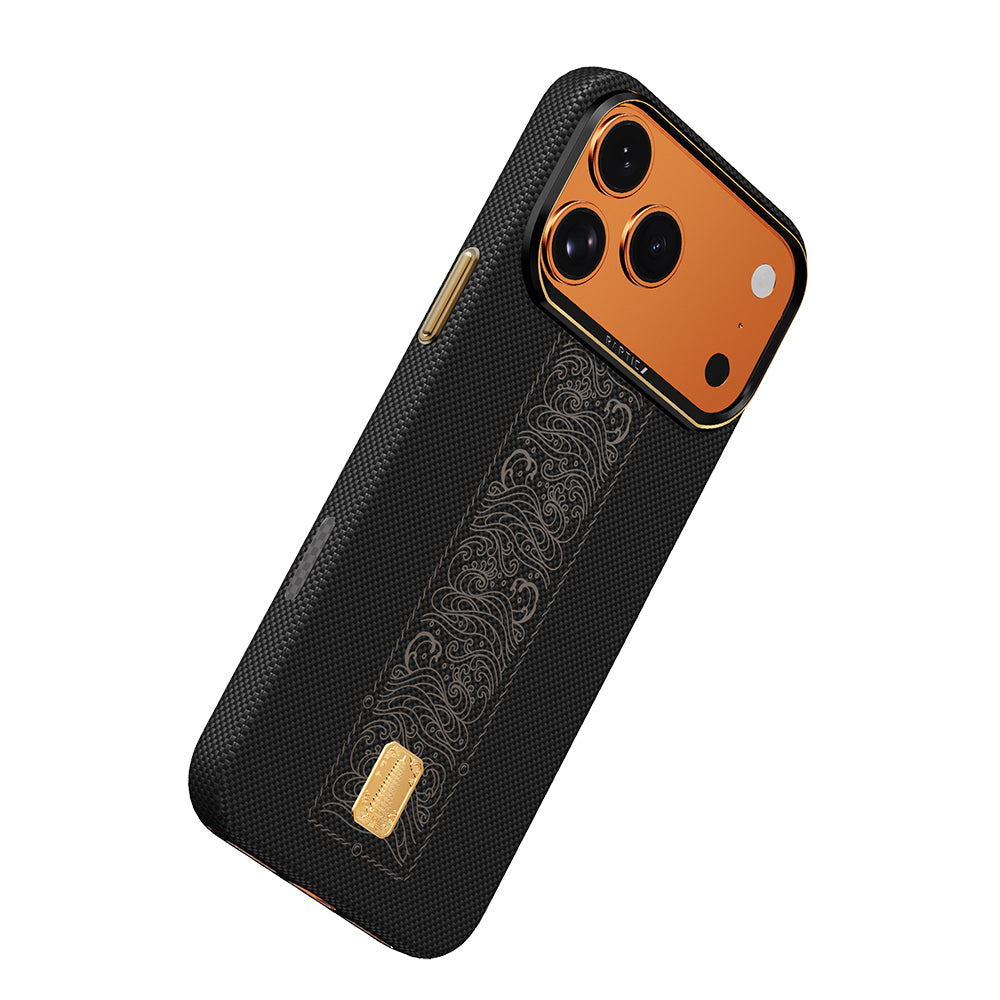 Apple iPhone 17 Pro Max Kılıf M-safe Şarj Özellikli Raptic Aramid Skin Rise Serisi 24 Ayar Altın Kaplamalı Kapak Siyah