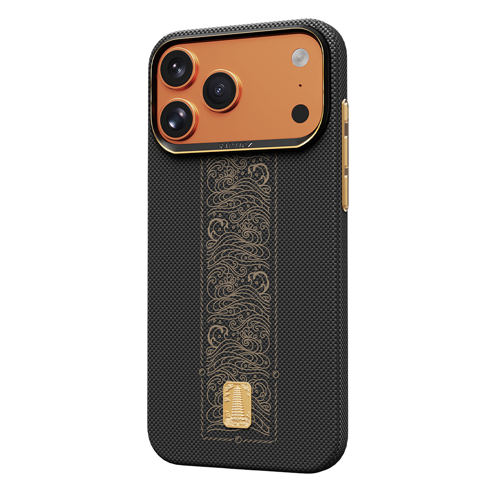 Apple iPhone 17 Pro Max Kılıf M-safe Şarj Özellikli Raptic Aramid Skin Rise Serisi 24 Ayar Altın Kaplamalı Kapak Siyah