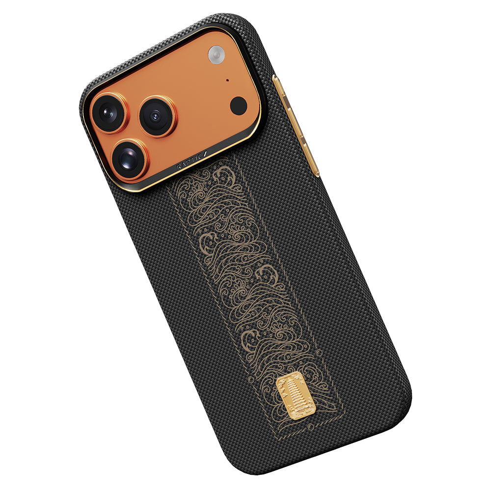 Apple iPhone 17 Pro Max Kılıf M-safe Şarj Özellikli Raptic Aramid Skin Rise Serisi 24 Ayar Altın Kaplamalı Kapak Siyah