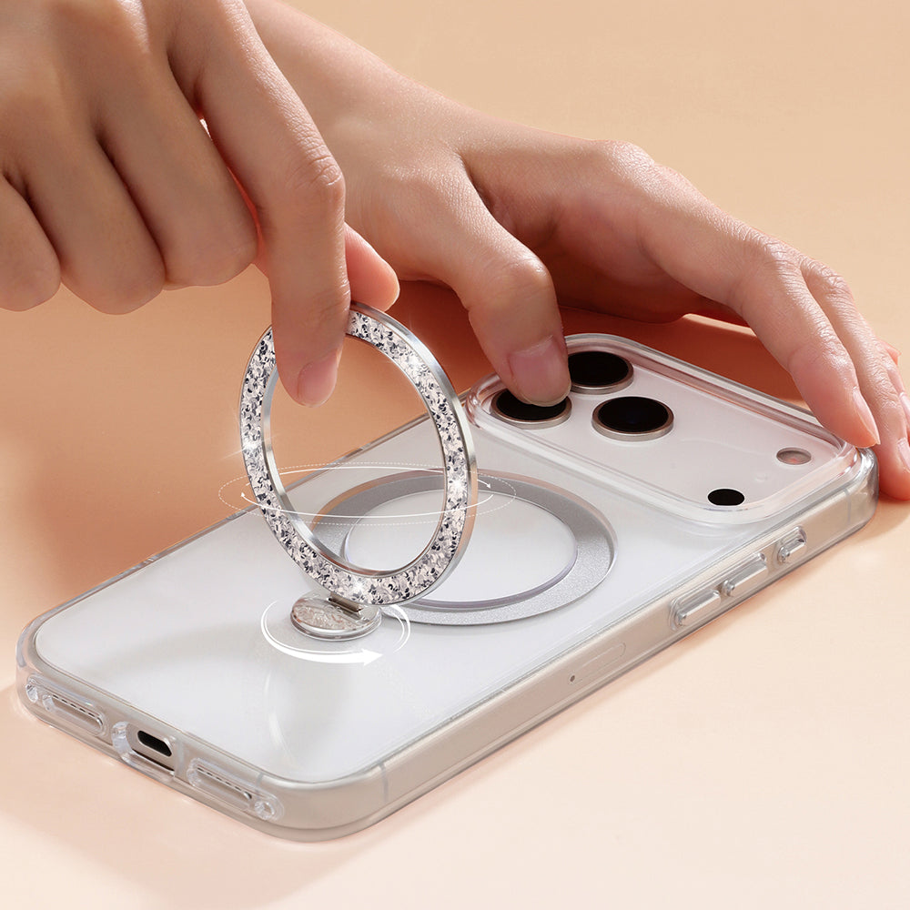 Apple iPhone 17 Pro Max Kılıf M-safe Şarj Özellikli Simli Standlı Pynana Dancing Circle Trendy Serisi Kapak Gümüş