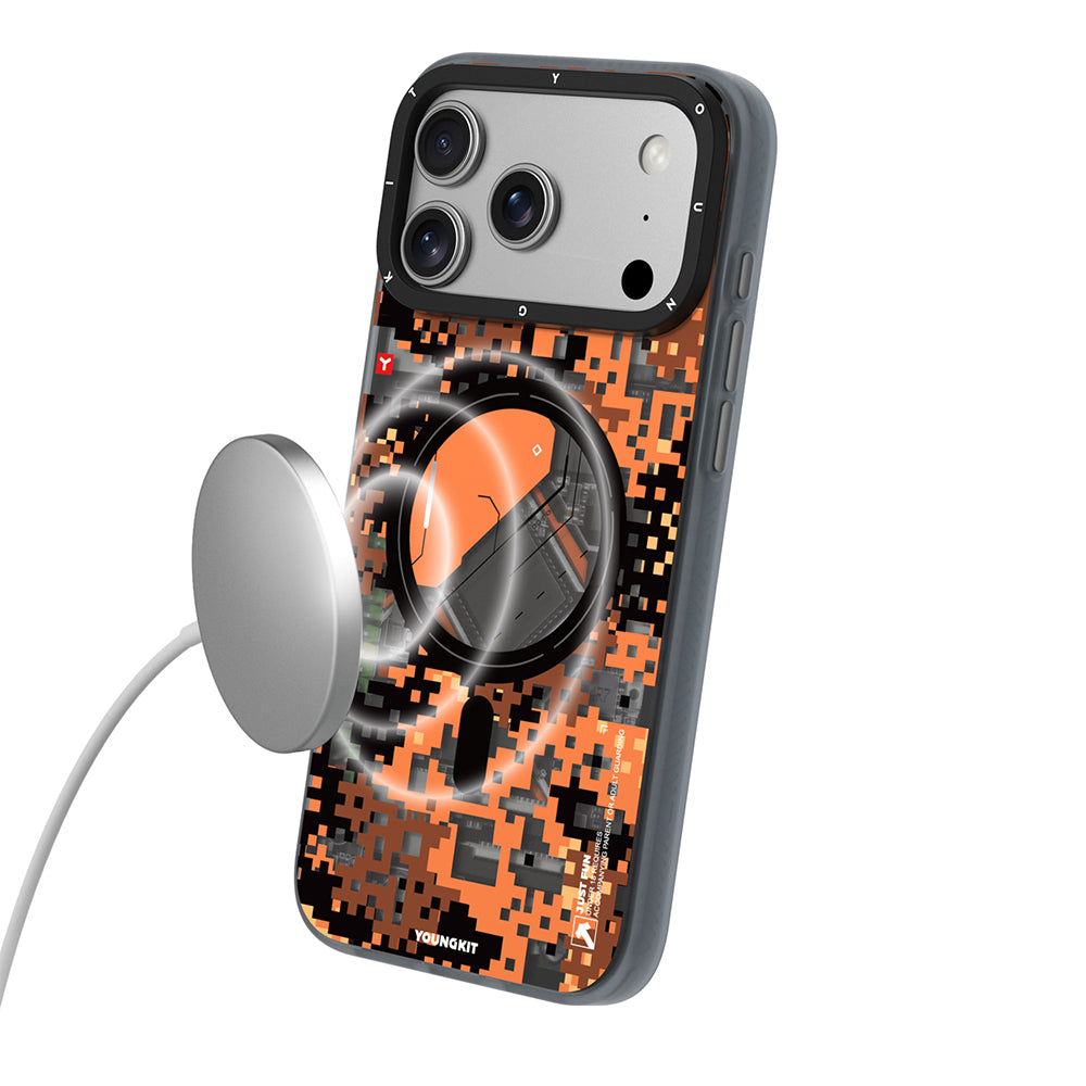 Apple iPhone 17 Pro Max Kılıf M-Safe Şarj Özellikli Youngkit Camouflage Sykell Serisi Kapak Turuncu