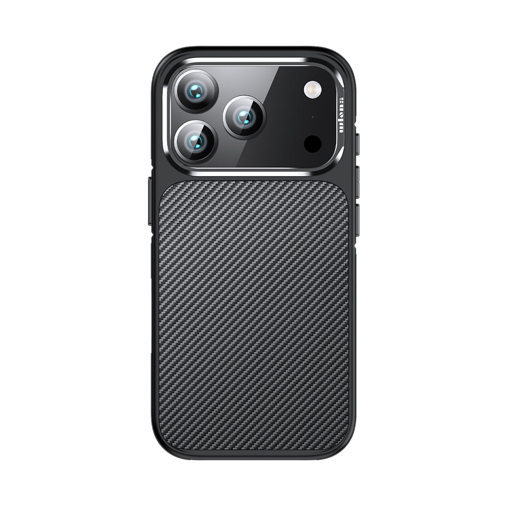 Apple iPhone 17 Pro Max Kılıf Mat Transparan Karbon Fiber Görünümlü Wlons Marin Kapak Siyah