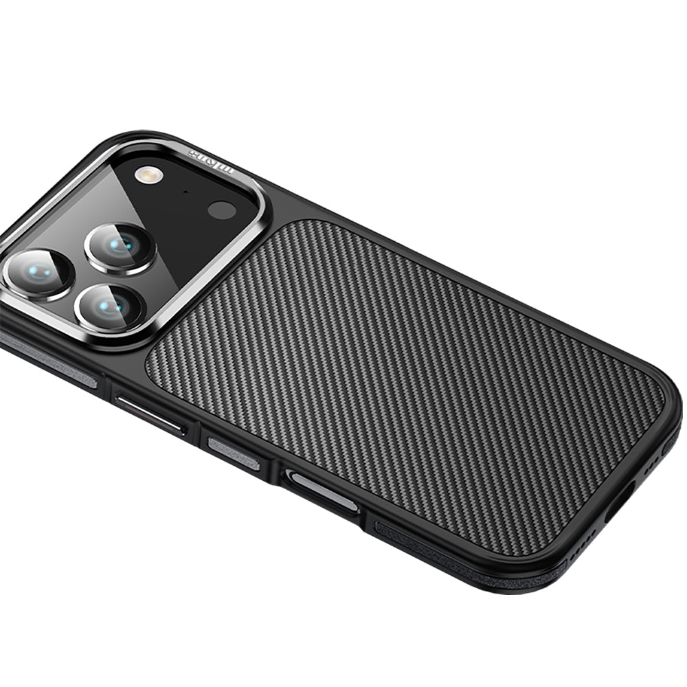 Apple iPhone 17 Pro Max Kılıf Mat Transparan Karbon Fiber Görünümlü Wlons Marin Kapak Siyah