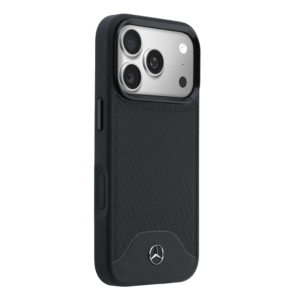 Apple iPhone 17 Pro Max Kılıf Mercedes Benz Orjinal Lisanslı M-safe Şarj Özellikli 3D Metal Logolu Wood Deri Dokumalı Kapak Siyah