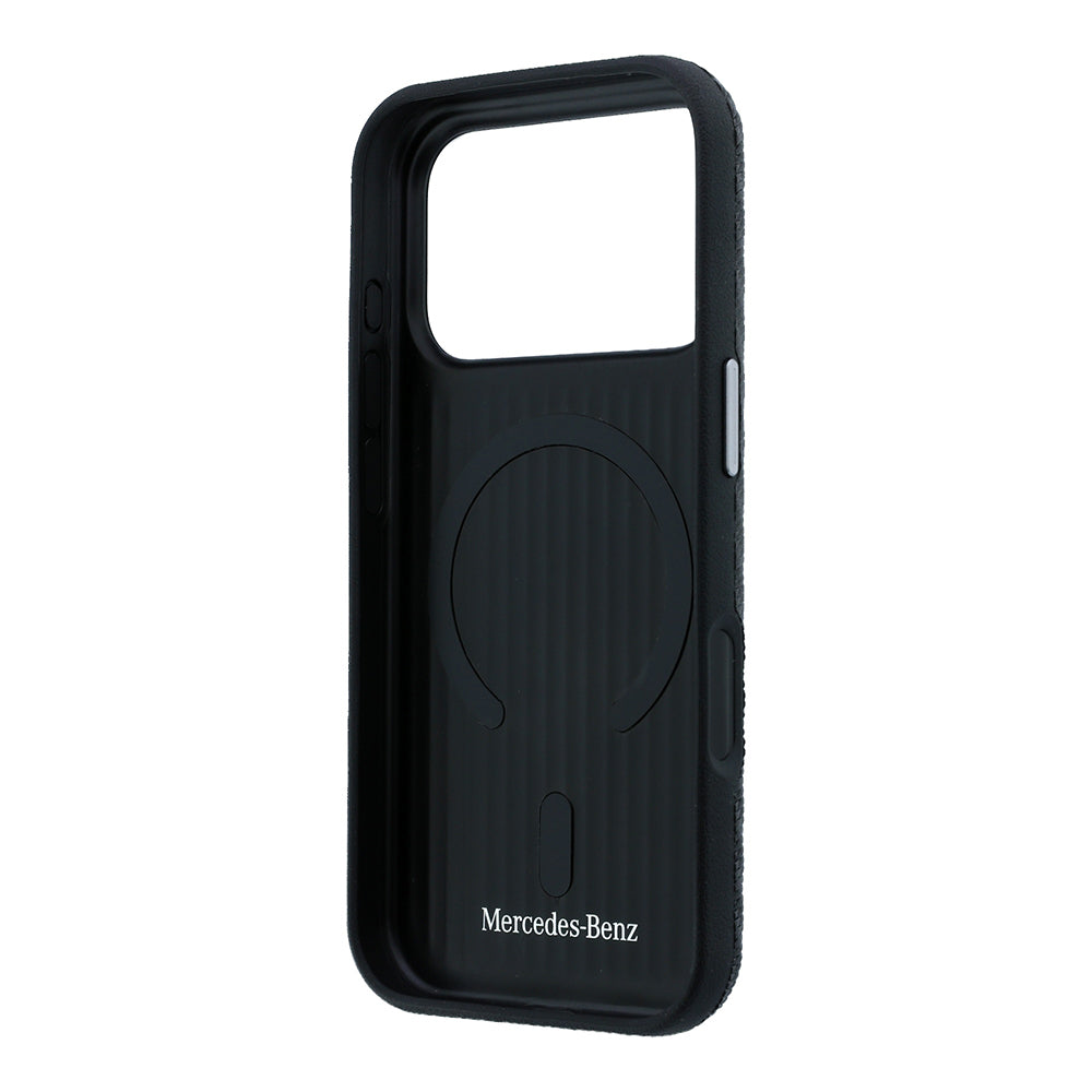 Apple iPhone 17 Pro Max Kılıf Mercedes Benz Orjinal Lisanslı M-safe Şarj Özellikli 3D Metal Logolu Wrap Wood Deri Kapak Siyah