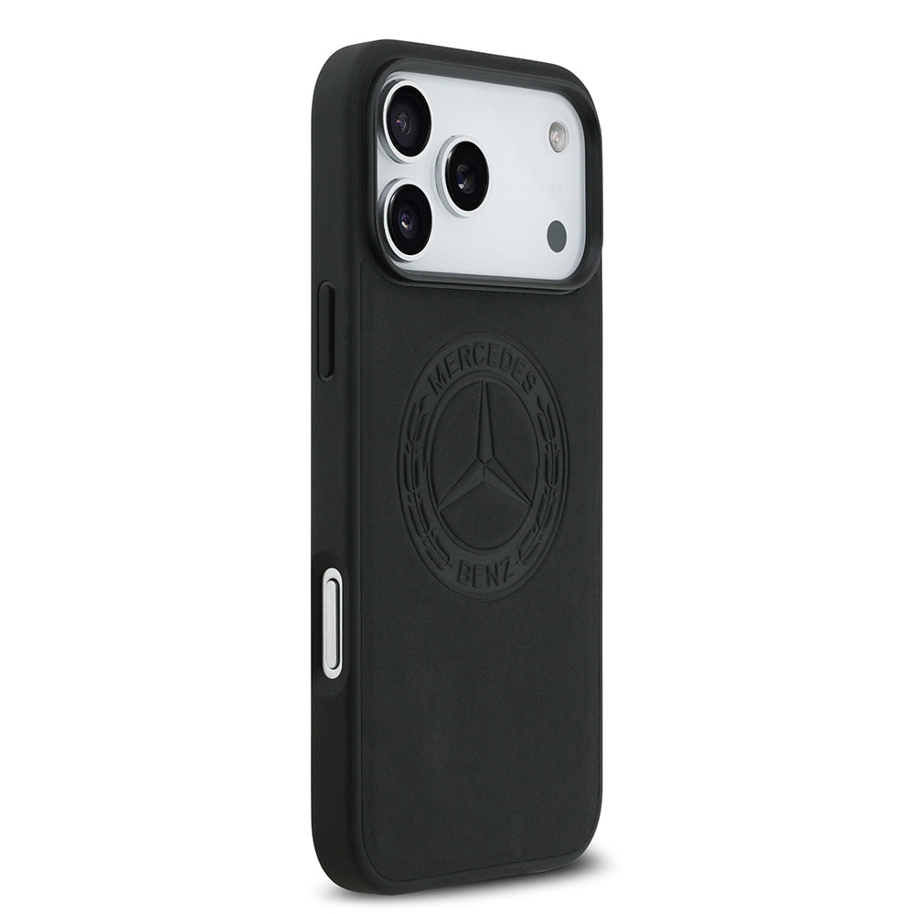Apple iPhone 17 Pro Max Kılıf Mercedes Benz Orjinal Lisanslı M-safe Şarj Özellikli Hakiki Deri Nostaljik Yıldız Dizayn Kapak Siyah