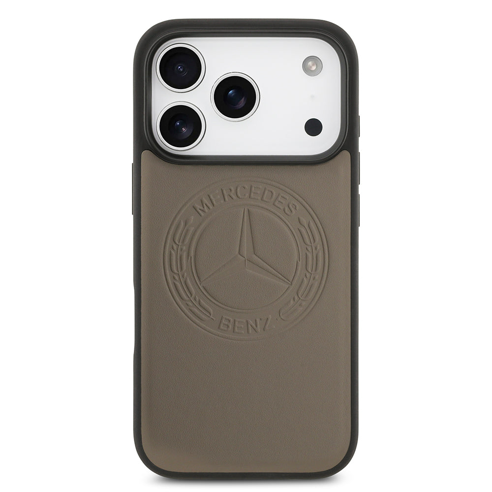 Apple iPhone 17 Pro Max Kılıf Mercedes Benz Orjinal Lisanslı M-safe Şarj Özellikli Hakiki Deri Nostaljik Yıldız Dizayn Kapak Kahverengi