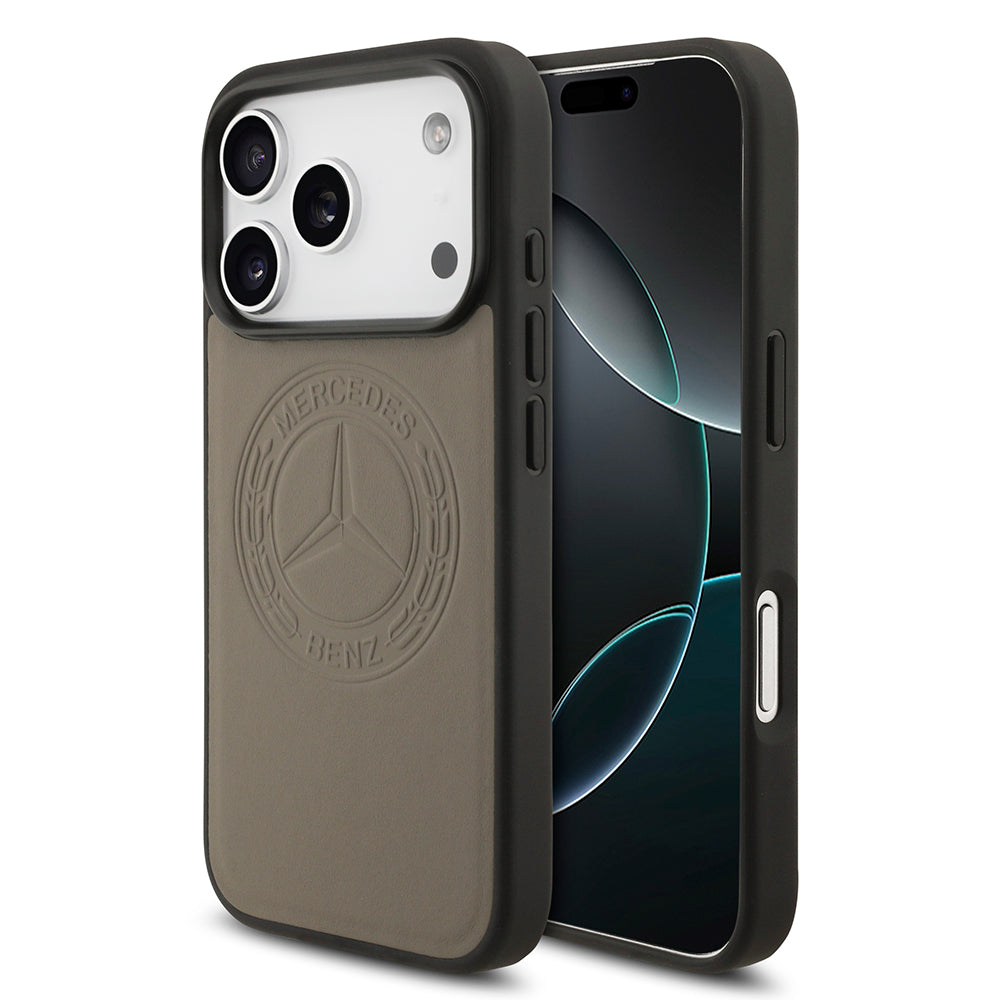 Apple iPhone 17 Pro Max Kılıf Mercedes Benz Orjinal Lisanslı M-safe Şarj Özellikli Hakiki Deri Nostaljik Yıldız Dizayn Kapak Kahverengi