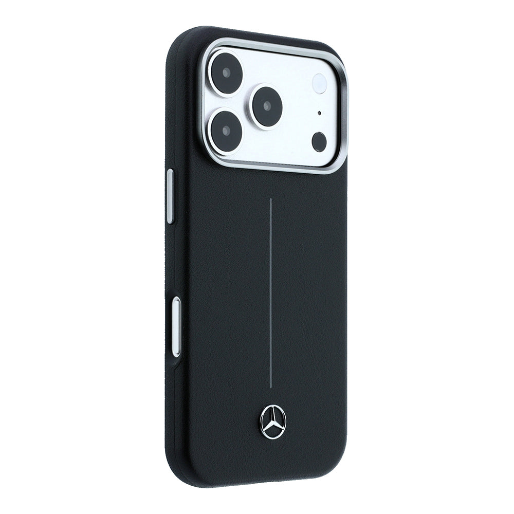 Apple iPhone 17 Pro Max Kılıf Mercedes Benz Orjinal Lisanslı M-safe Şarj Özellikli Metal Yıldız Logolu Çizgili Deri Kapak Siyah
