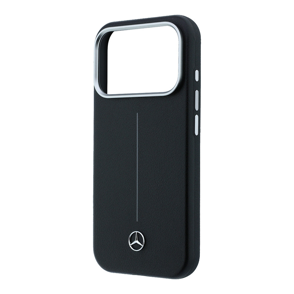 Apple iPhone 17 Pro Max Kılıf Mercedes Benz Orjinal Lisanslı M-safe Şarj Özellikli Metal Yıldız Logolu Çizgili Deri Kapak Siyah