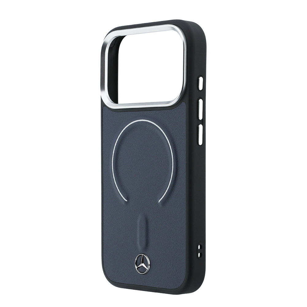 Apple iPhone 17 Pro Max Kılıf Mercedes Benz Orjinal Lisanslı M-safe Şarj Özellikli Metal Yıldız Logolu Kabartmalı Deri Kapak Lacivert