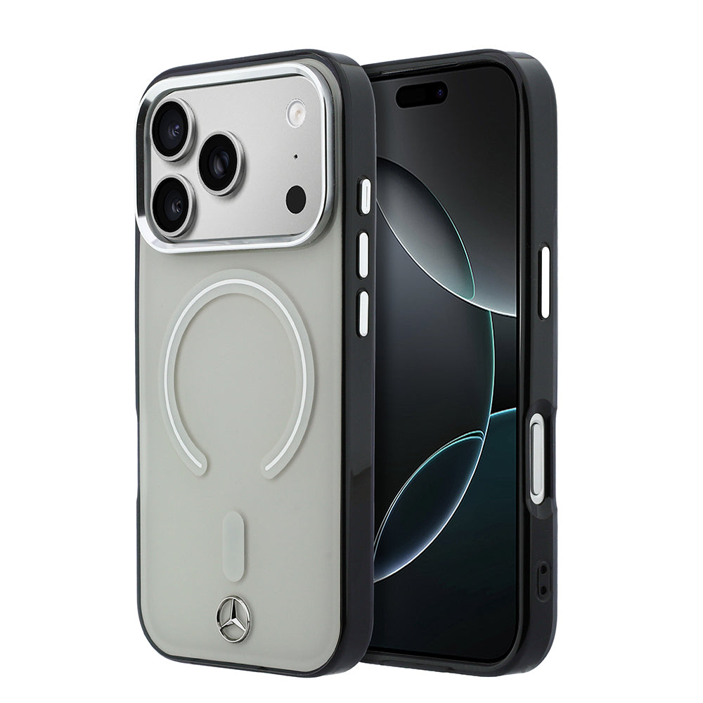 Apple iPhone 17 Pro Max Kılıf Mercedes Benz Orjinal Lisanslı M-safe Şarj Özellikli Saydam Yüzey İkonik 3D Metal Logolu Kapak Bej