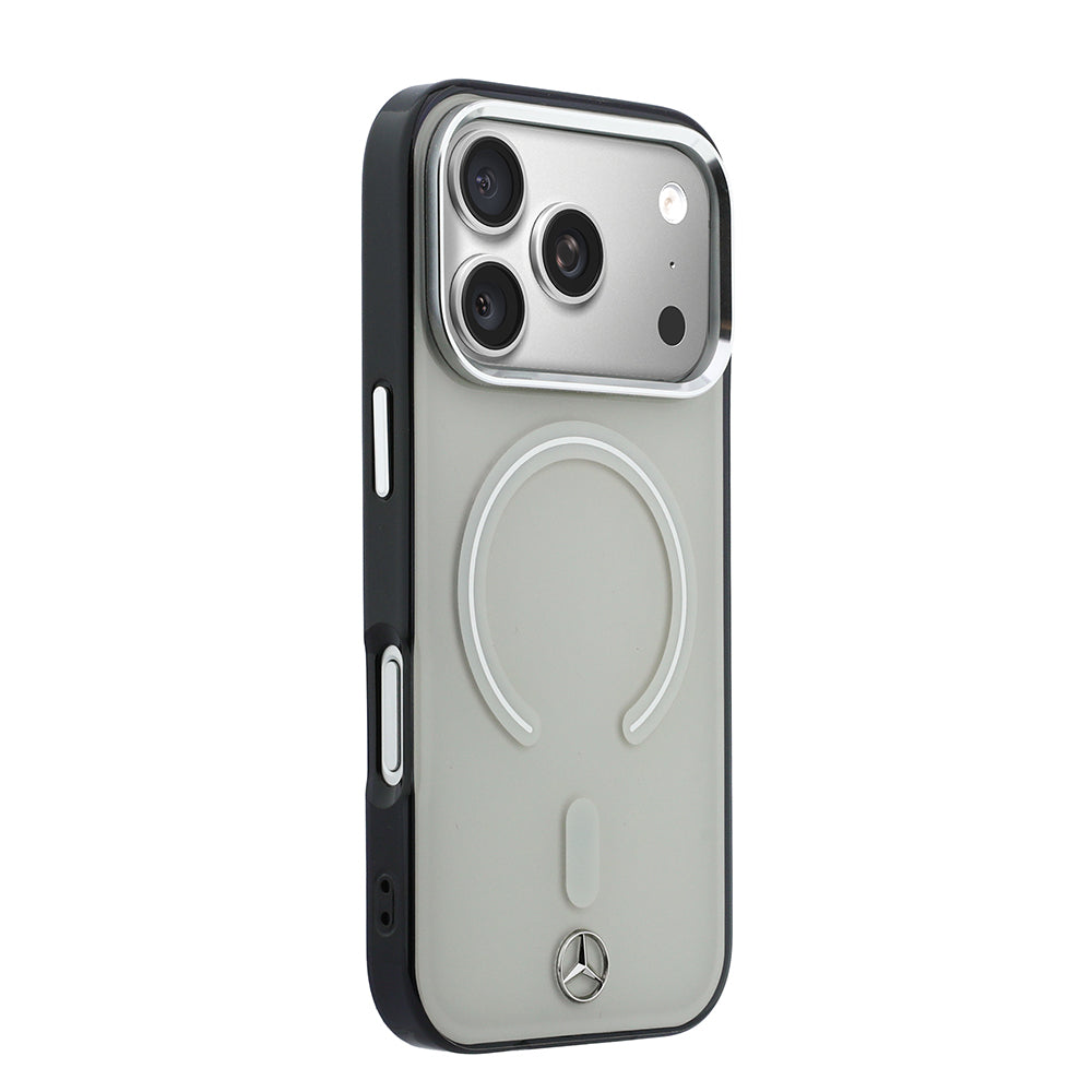 Apple iPhone 17 Pro Max Kılıf Mercedes Benz Orjinal Lisanslı M-safe Şarj Özellikli Saydam Yüzey İkonik 3D Metal Logolu Kapak Bej