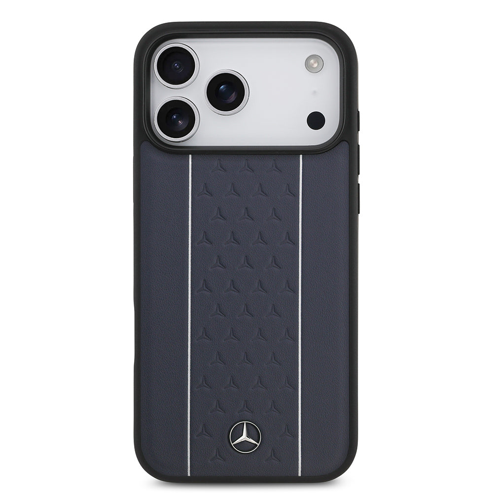 Apple iPhone 17 Pro Max Kılıf Mercedes Benz Orjinal Lisanslı M-safe Şarj Özellikli Şeritli Yıldız Desenli Metal Logolu Deri Kapak Lacivert