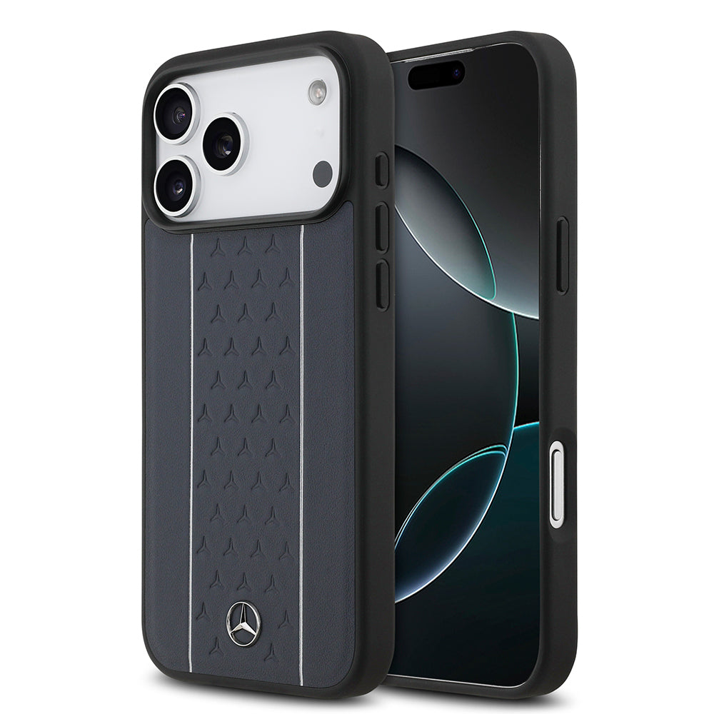 Apple iPhone 17 Pro Max Kılıf Mercedes Benz Orjinal Lisanslı M-safe Şarj Özellikli Şeritli Yıldız Desenli Metal Logolu Deri Kapak Lacivert