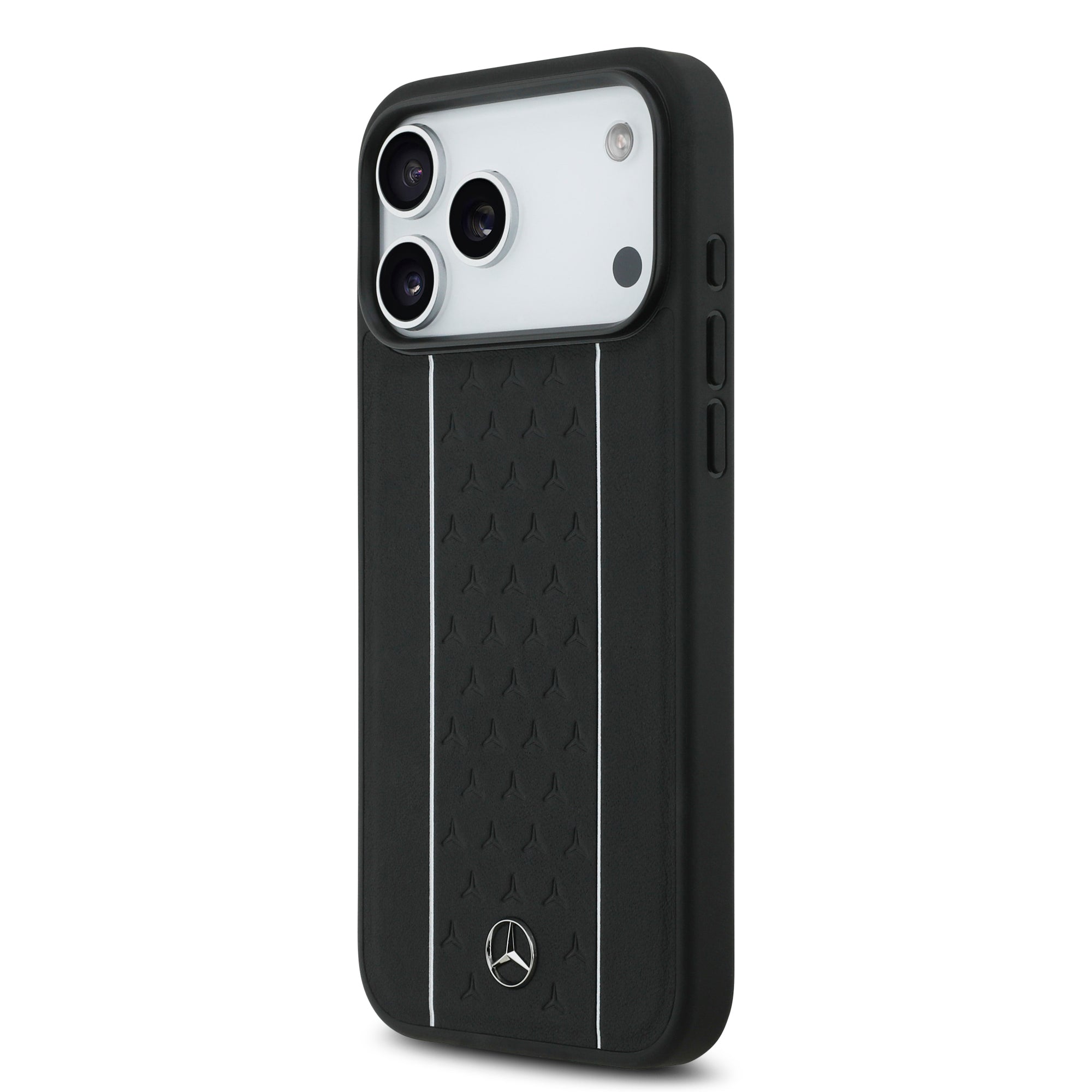 Apple iPhone 17 Pro Max Kılıf Mercedes Benz Orjinal Lisanslı M-safe Şarj Özellikli Şeritli Yıldız Desenli Metal Logolu Deri Kapak Siyah